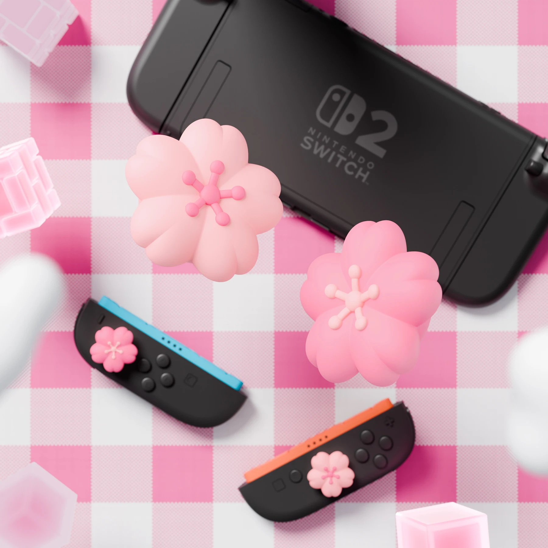 PlayVital 4 Stück Rosa Daumengriffe für Nintendo Switch 2, Silikon-Joystick-Kappen für Switch 2 - Zartrosa Kirschblütenblätter