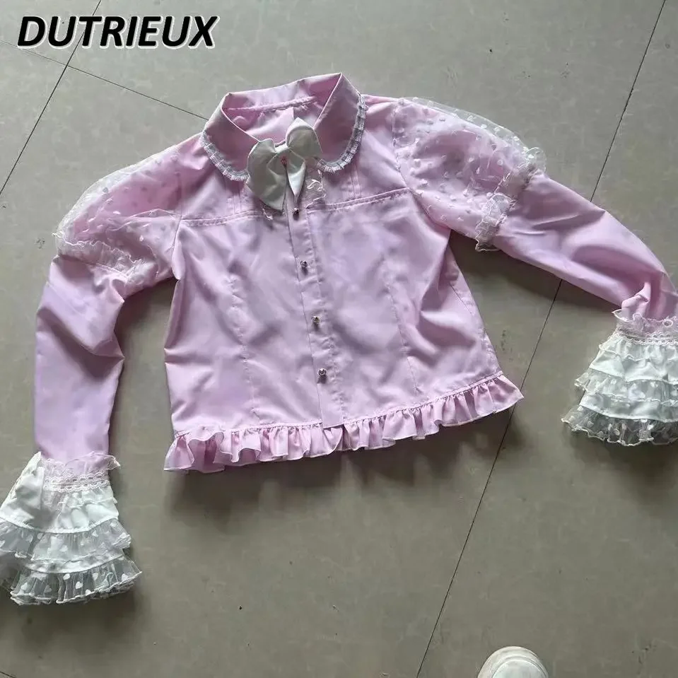 Spring and Autumn New Japanese Style Original Lolita Cute Long Sleeve Inner Shirt Doll Collar Bow Sweet Girls Versatile Top