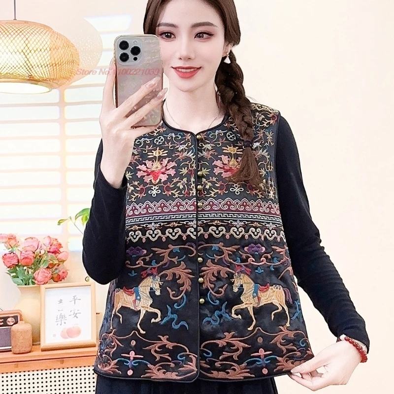 

2026 chinese vintage vest national horse embroidery o-neck folk vest oriental traditional satin jacquard vest retro hanfu tops