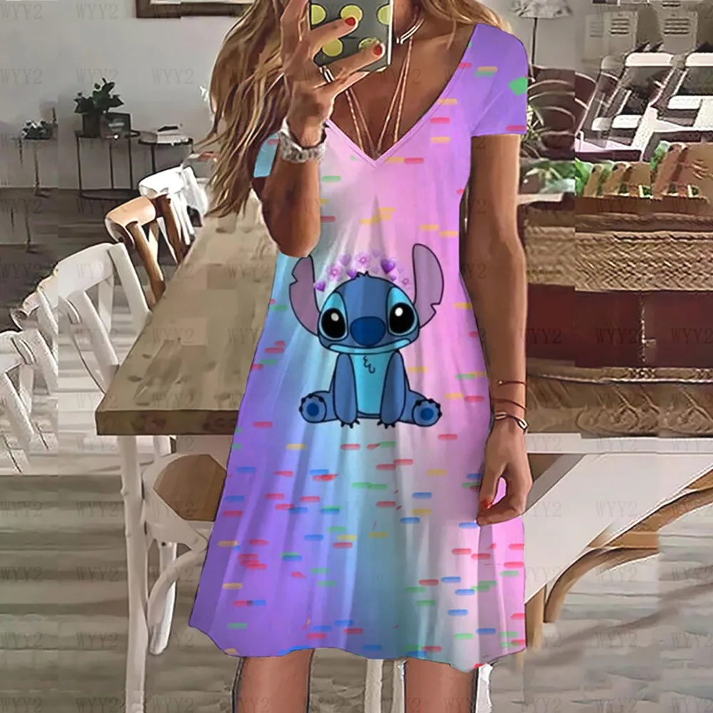 Vestido de festa de verão com decote em v disney stitch impressão venda quente nova moda elegante feminina simples e confortável saia feminina