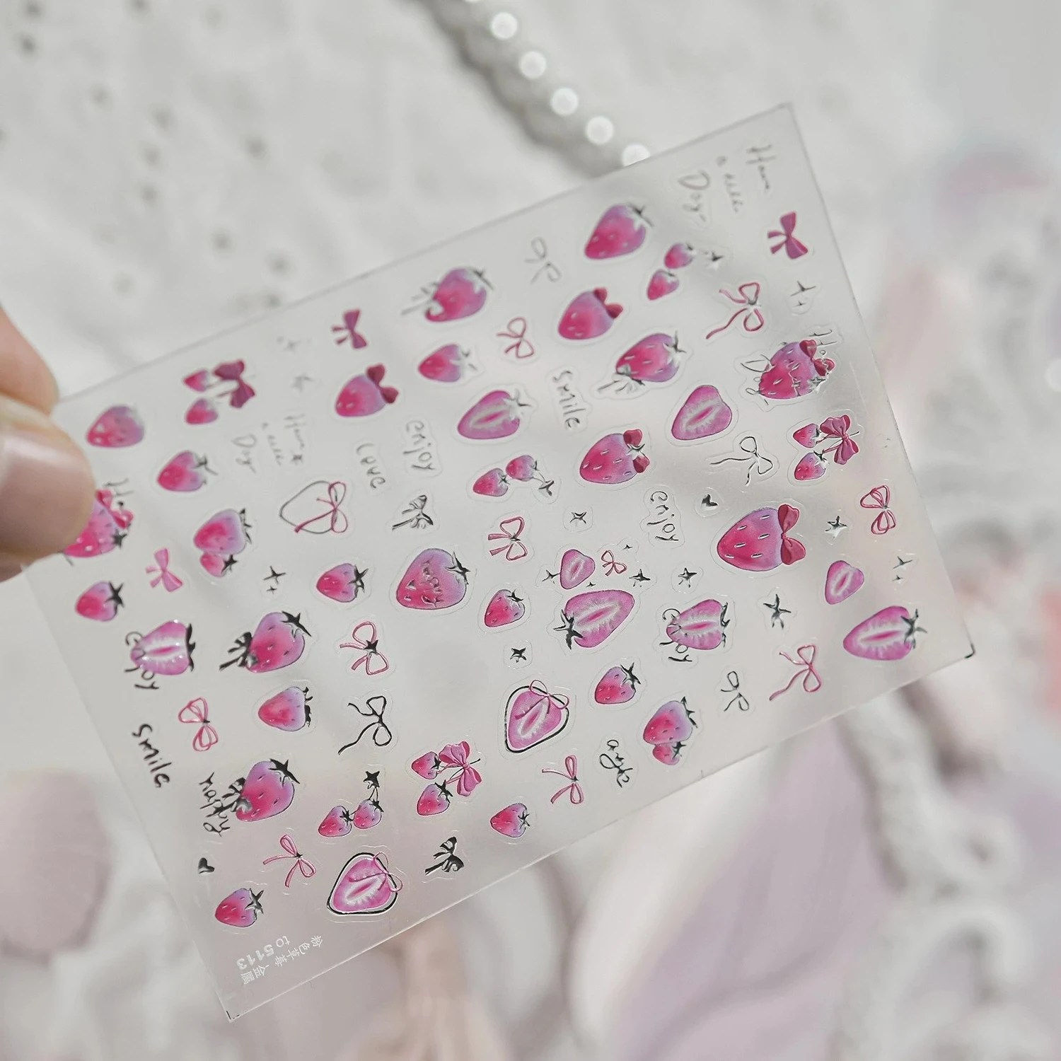 

С красочной кружевной рамкой-бабочкой, маленькая декоративная 1 шт., 5D наклейки для ногтей, розовые клубники и рыбные пузыри, аксессуары для дизайна ногтей