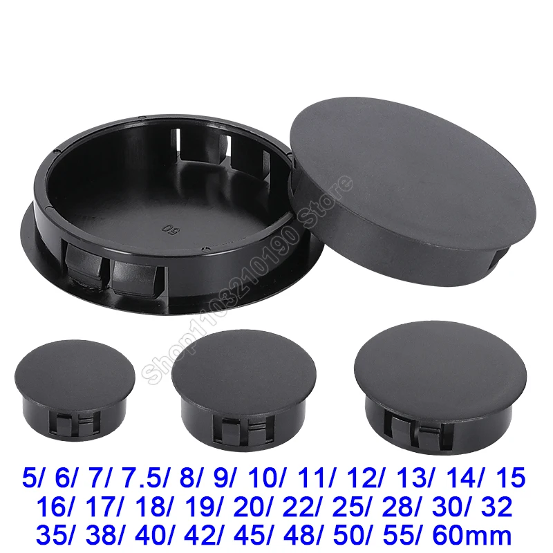 Nylon Snap-on Hole Plug Cover Round Plastic Hole Dust Caps Plugs Use For Furniture Desk Table Box Pipe Hole 5 6 7 8-60mm Black