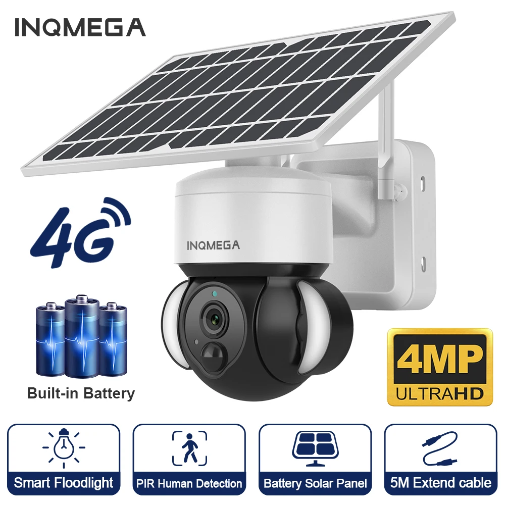 INQMEGA 4G 4MP Solar Camera with Solar Panel Outdoor IP Camera Rechargeable Battery Powered Colorful Night Vision Cam