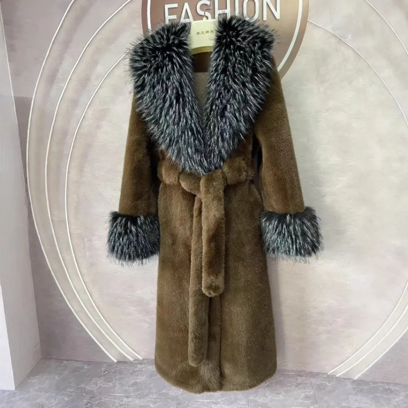Mantel Bulu Panjang Mewah Musim Dingin Hangat Wanita Mantel Trench Berikat Bulu Patchwork Kerah Lapel Pakaian Luar Salju Jaket Bulu Imitasi Berkualitas Tinggi