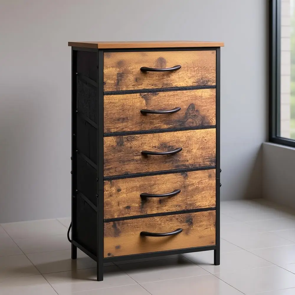 

LED Nightstand with Charging Station, Fabric Dresser with 5 Drawers for Bedroom, Tall Night Stand with Open Shelves, Bed Side Ta