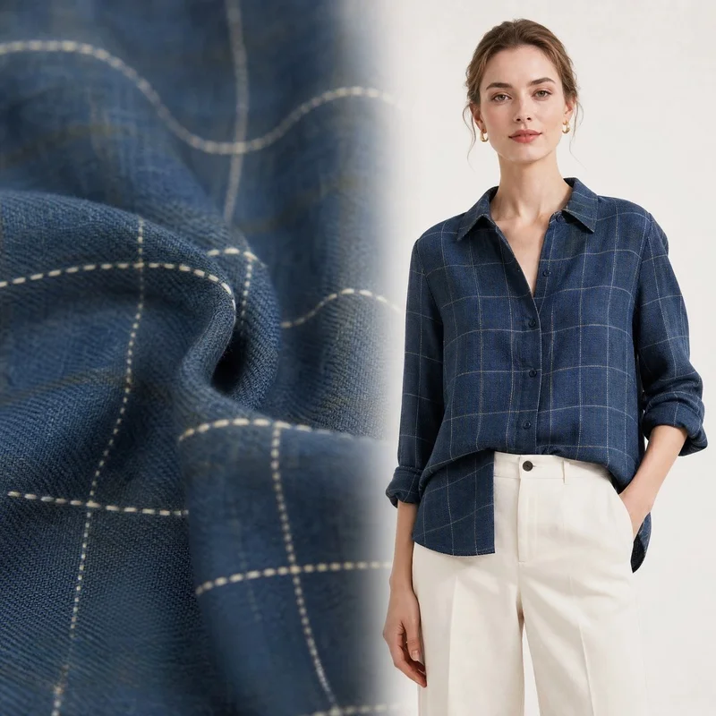 draped-stylish-indigo-plaid-linen-blend-fabric-shirt-jacket-pants-handmadediyfabrica