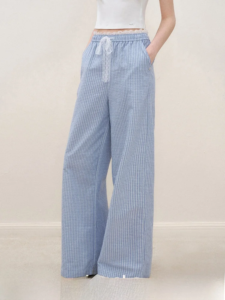 

High Waist Wide Leg Casual Pants Blue White Stripes Lace Patchwork Straight Cut Loose Fit Ladies Faion Summer 2025