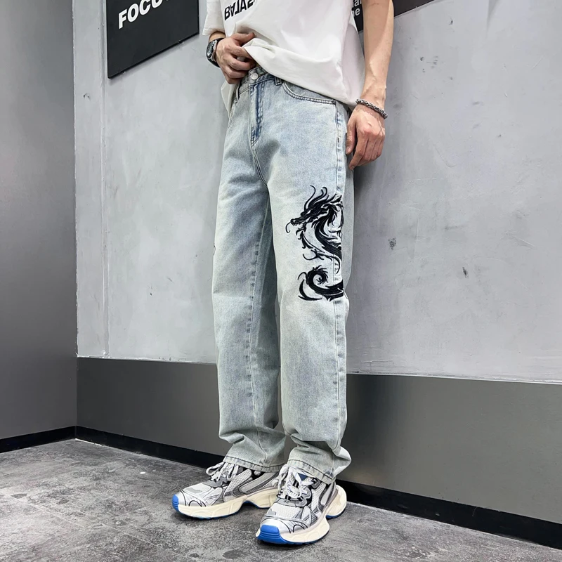 Y2K new personalized embroidery men's jeans loose Korean version of the animal pattern straight jeans wide-leg pants men's pants