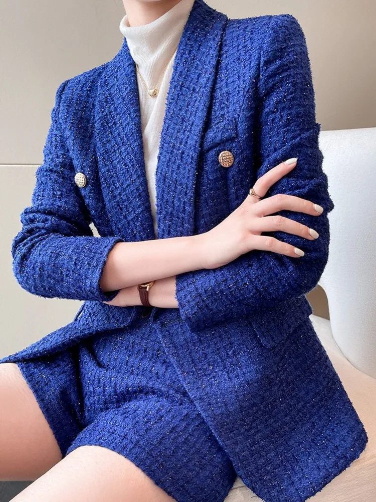 Autumn Women Double Breasted Tweed Suit Jacket High Waist Shorts Two Piece Set Office Lady Slim Fit Elegant Casual Suits Sets