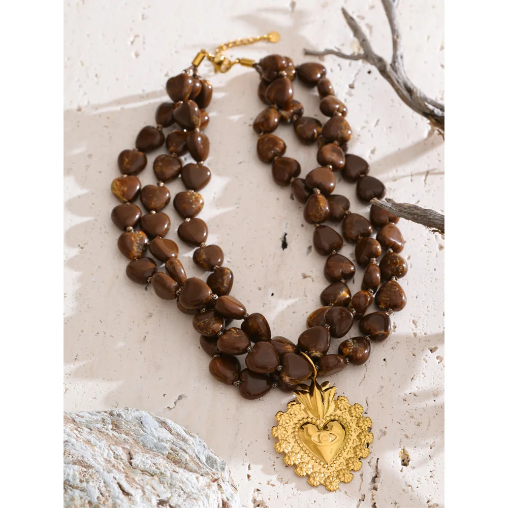 Yhpup New Autumn Winter Layered Acrylic Beads Handmade Chain Heart Pendant Necklace Fashion Stainless Steel Statement Jewelry