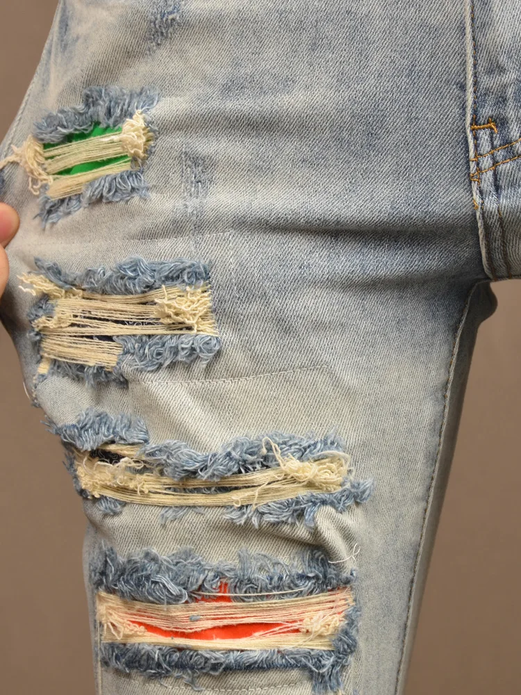 Retro Light Color Hole Jeans Men's Personality Fashion Stretch Slim High Street Scrape Patch Street Tappered Pants