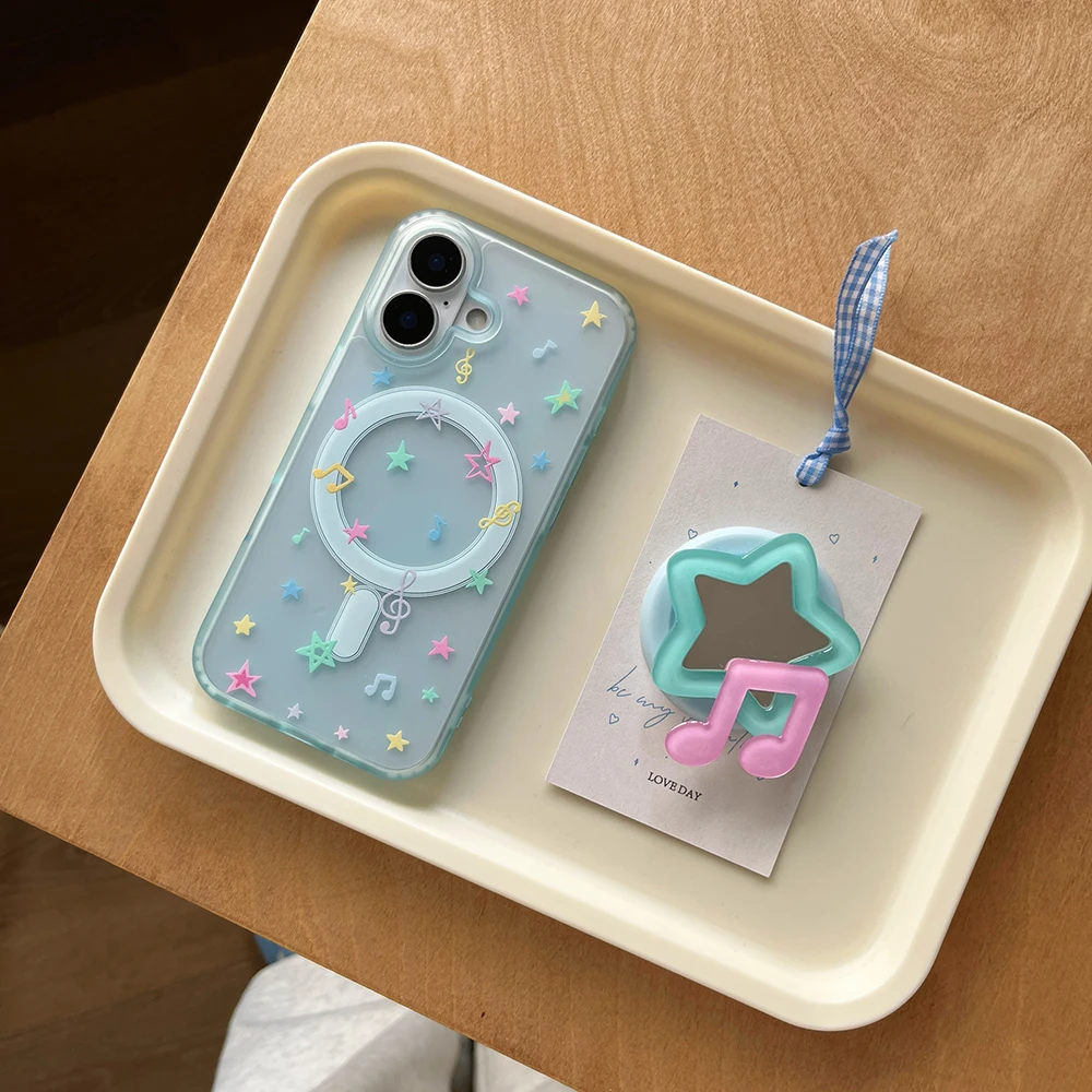 Etui na telefon iPhone 16 Pro 15 14 13 17 Pro Max z magnetycznym uchwytem MagSafe, lustrzane, z motywem koreańskich gwiazdek 3D, z uchwytem Grip Tok na tył. — zdjęcie produktu 6