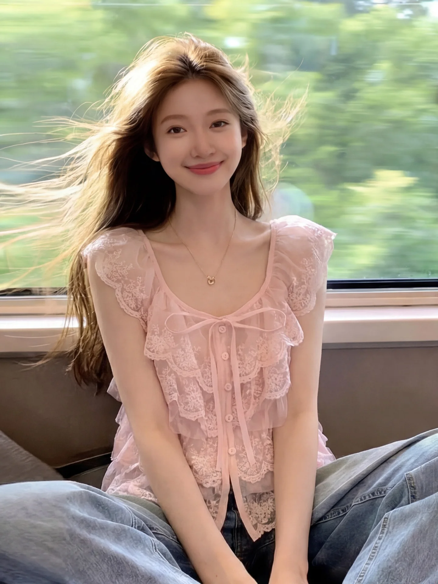 

Sweet Pink Multi-Layer Lace Blouse Women's Summer Belted Slimming Small Flying Sleeve Top Korean Style Commute Wind
