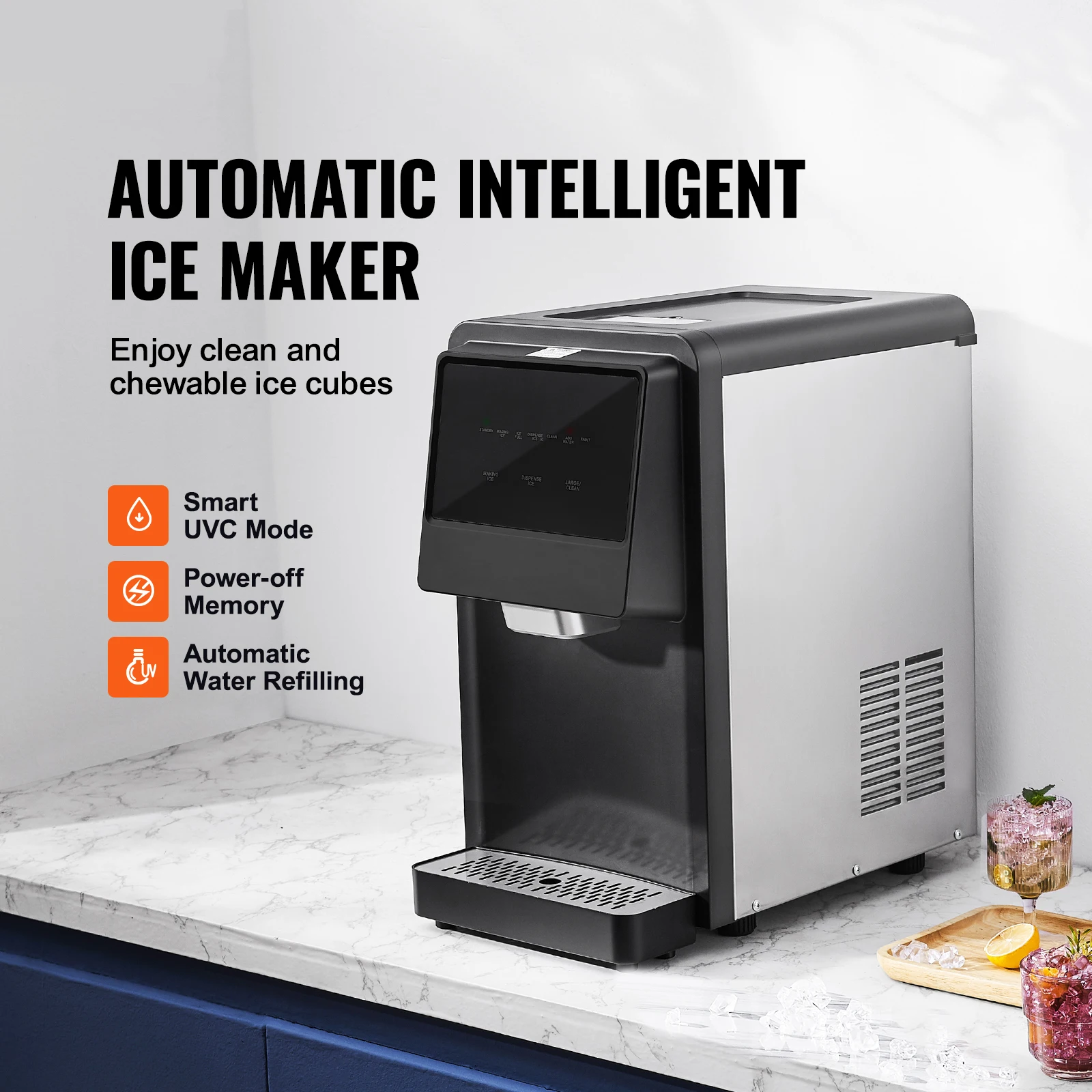 VEVOR Countertop Nugget Ice Maker Auto Self-Cleaning Portable Ice Maker with Water Filling Pipe Water Filter and Drainpipe