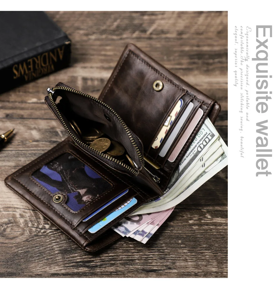 Top layer cowhide RFID three-fold men's short wallet, detachable zipper buckle coin pocket, business wallet