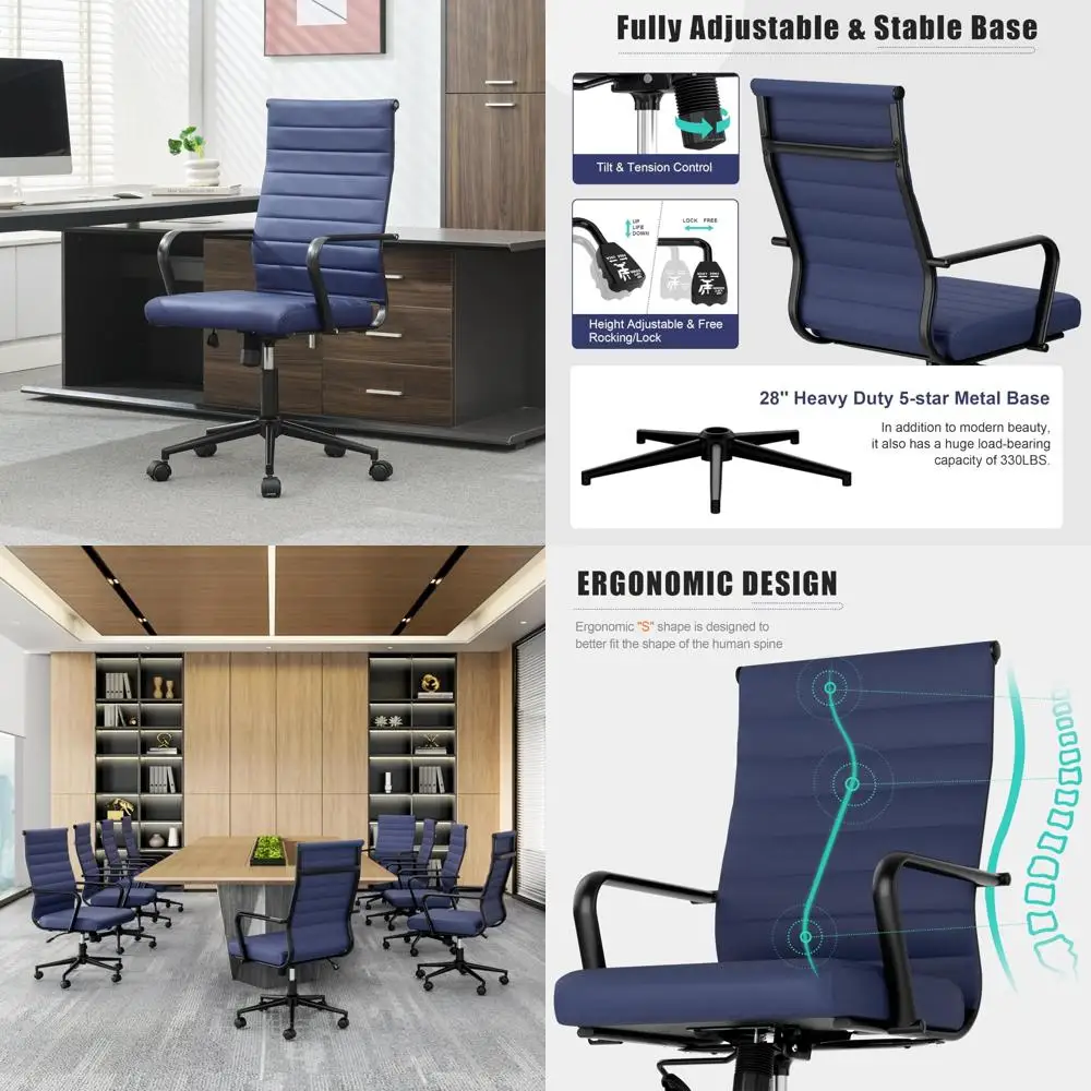 sedia da ufficio ergonomica in pelle blu dal design a coste, girevole regolabile in altezza per sale esecutive e conferenze