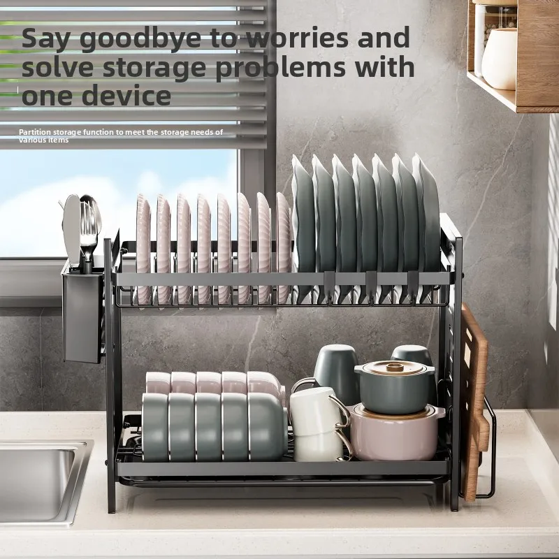 

countertop next to the sink, tableware, chopsticks, knives and forks, dishes, tableware rack, hole board, dishes, drain rack