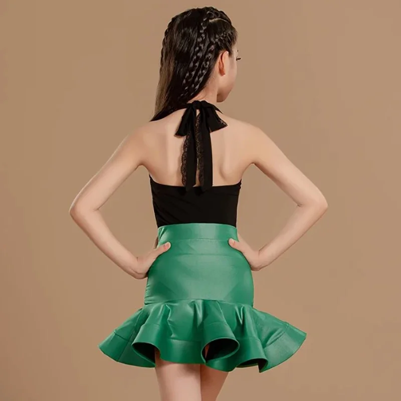 kids-girls-lace-bandage-latin-dance-backless-bodysuit-green-leather-skirts-performance-children-professional-practice-dancewear