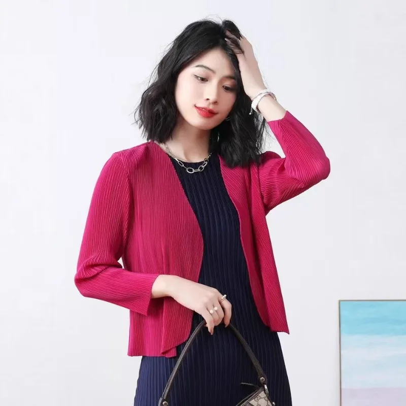 Miyake 2026 Klassieke Nieuwe Tops Dames Casual Eenvoudige Losse Peplum Lange Mouw Vest Tuniek Elegante Comfortabele Stretch Kleding