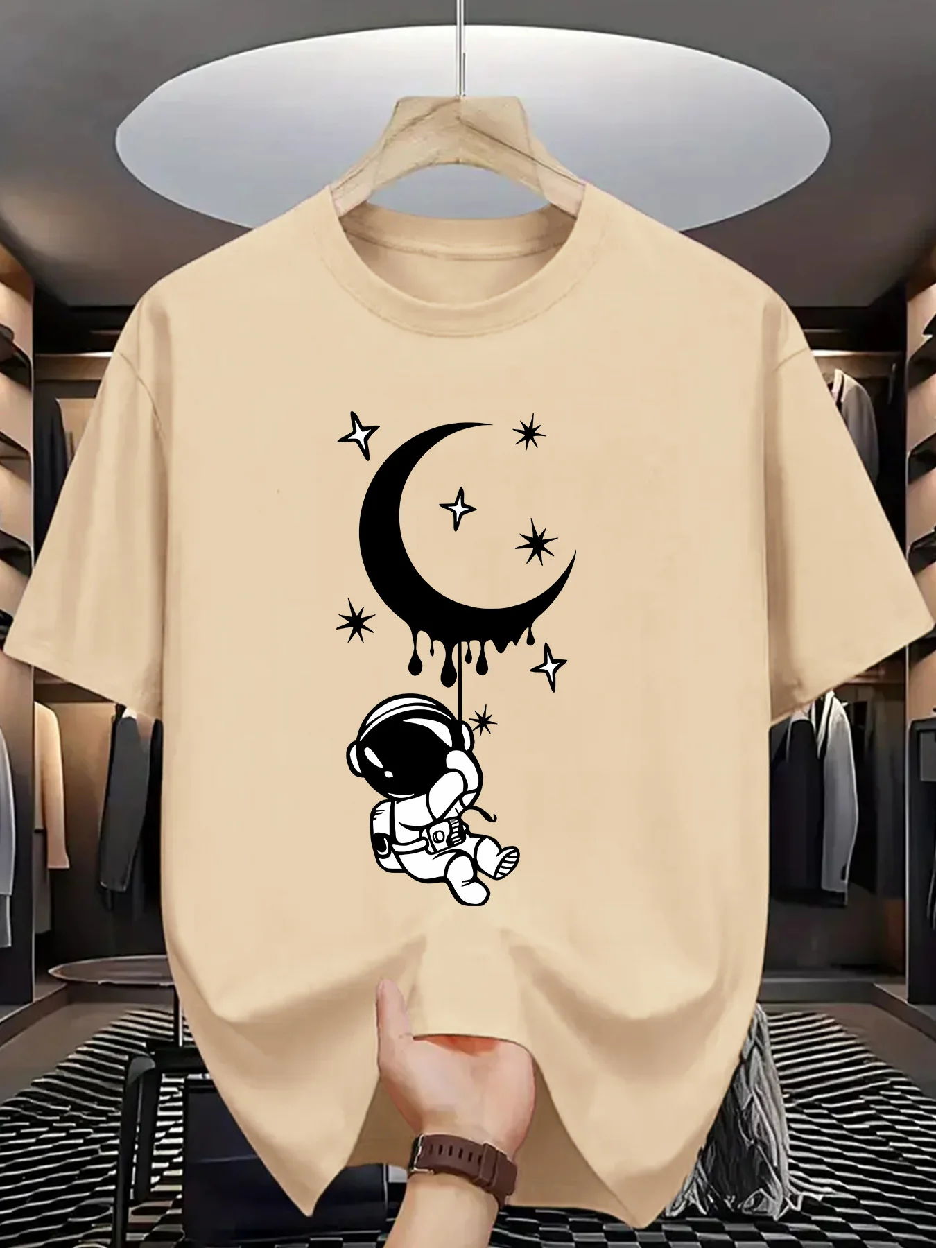 Astronaut Hanging On Moon Mens Crew Neck T Shirt Spaceman Star Crescent Graphic Short Sleeve Tee Casual Male Street Tops