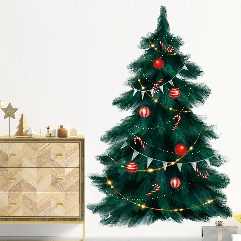 95cm Tall Large Deep Green Christmas Tree Merry Christmas Wall Stickers for Living Room Bedroom Kitchen Festival Decorative PVC
