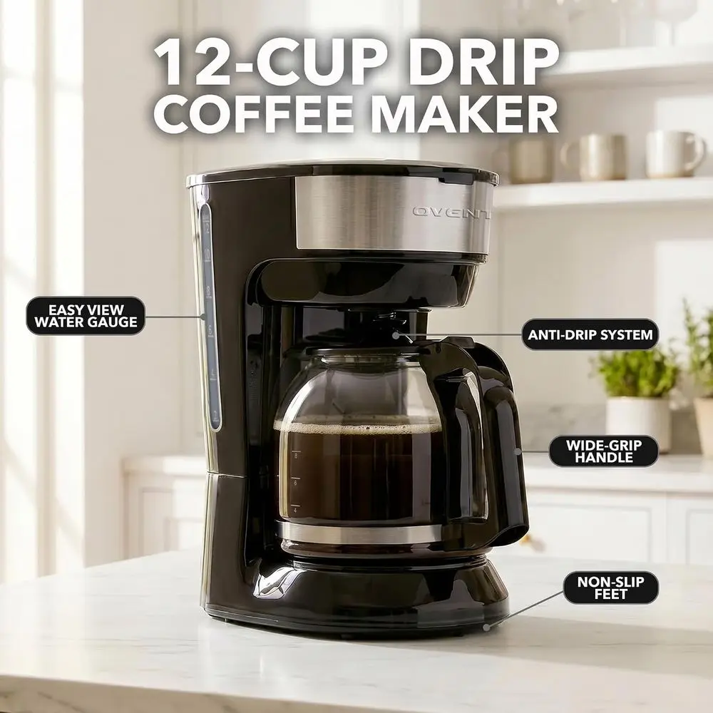 12-Cup Drip Coffee Maker with Borosilicate Glass Carafe, One-Touch Operation, Anti-Drip System, Reusable Filter and Clear View W