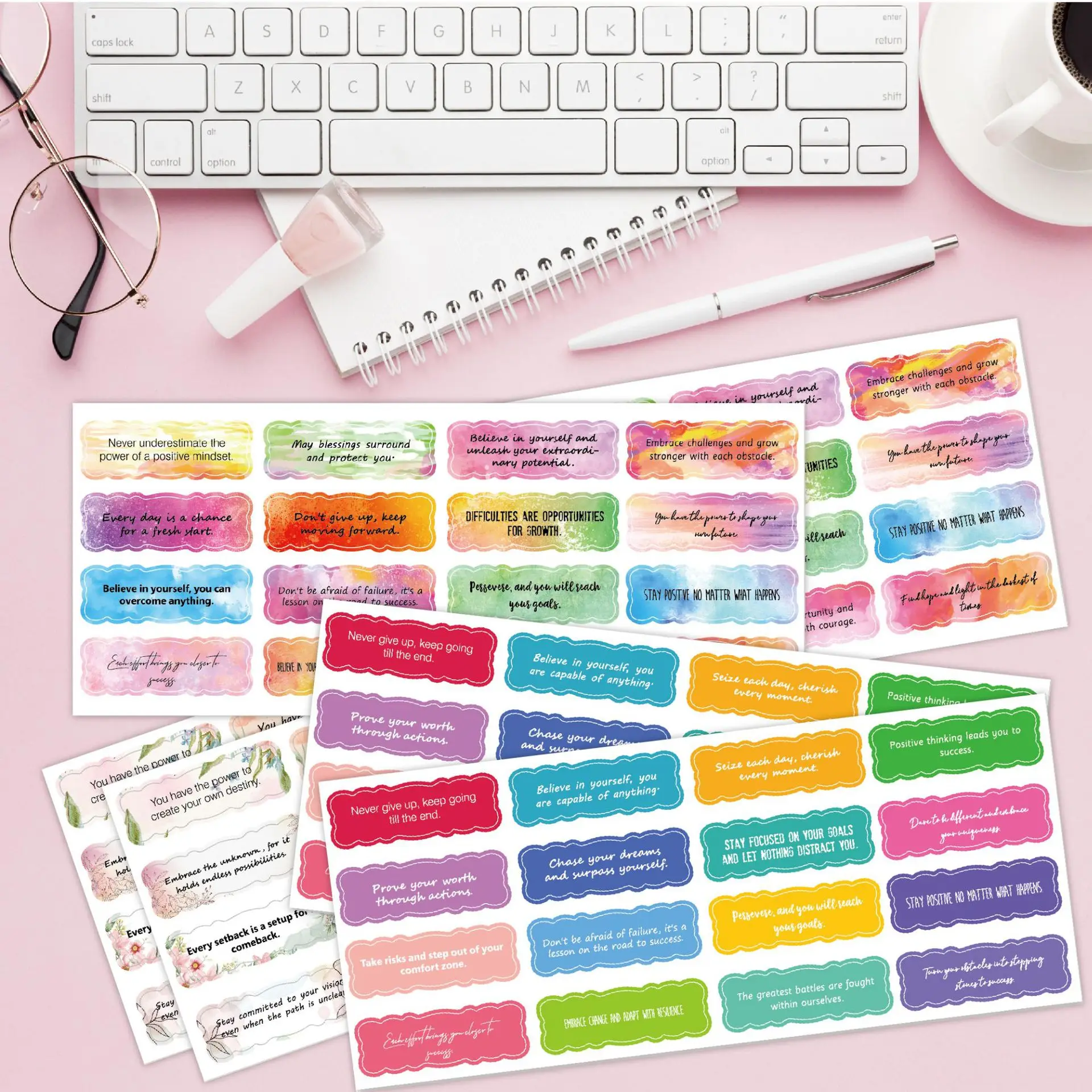 240Pcs Watercolor Aesthetic Inspirational Stickers Waterproof English Quote Motivational Decals Journal Diary Water Bottle Gift