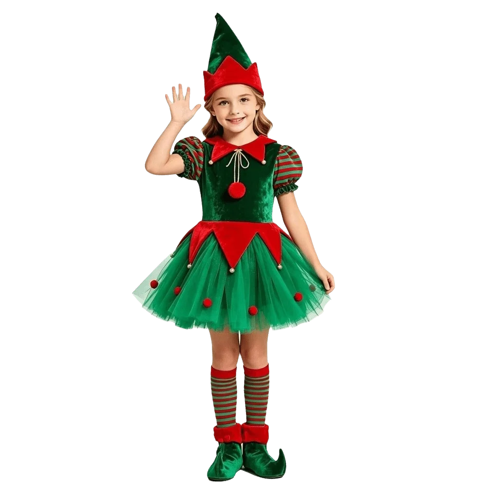 Disfraz de duende navideño de manga larga para actuaciones, vestido dulce de duende para niñas, ideal para juegos de rol, disfraces y vestidos de tutú de duende.