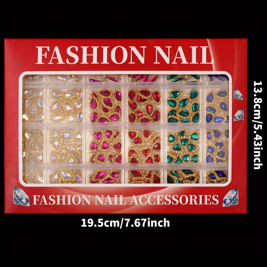 1 Box Multi Color Gem Nail Charms Gold Frame Teardrop Square Heart Shape Rhinestone Nail Ornaments Luxury Nail Art Decor for Salon Home DIY Manicure