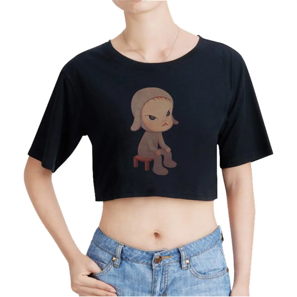 Yoshitomo Nara Sleepless Night Sitting Vintage 90s Crop Top Exposed Navel T-Shirt Oversize O-Neck Tops Funny Tshirt Top Women