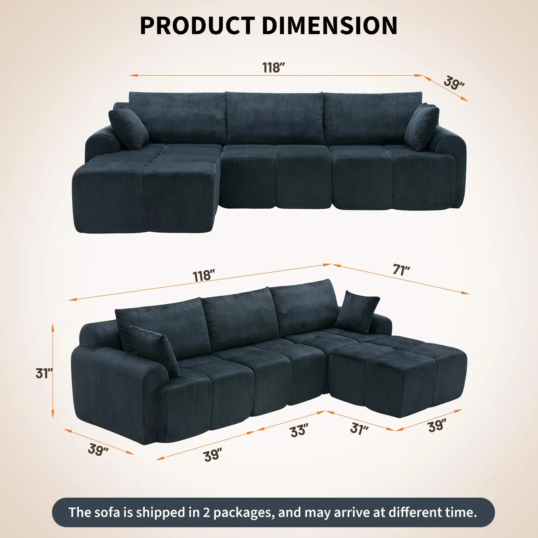 118'' Corduroy Modular Sofa, Deep Seat Compression Couch With Memory Foam, No Assembly Sectional For Living Room