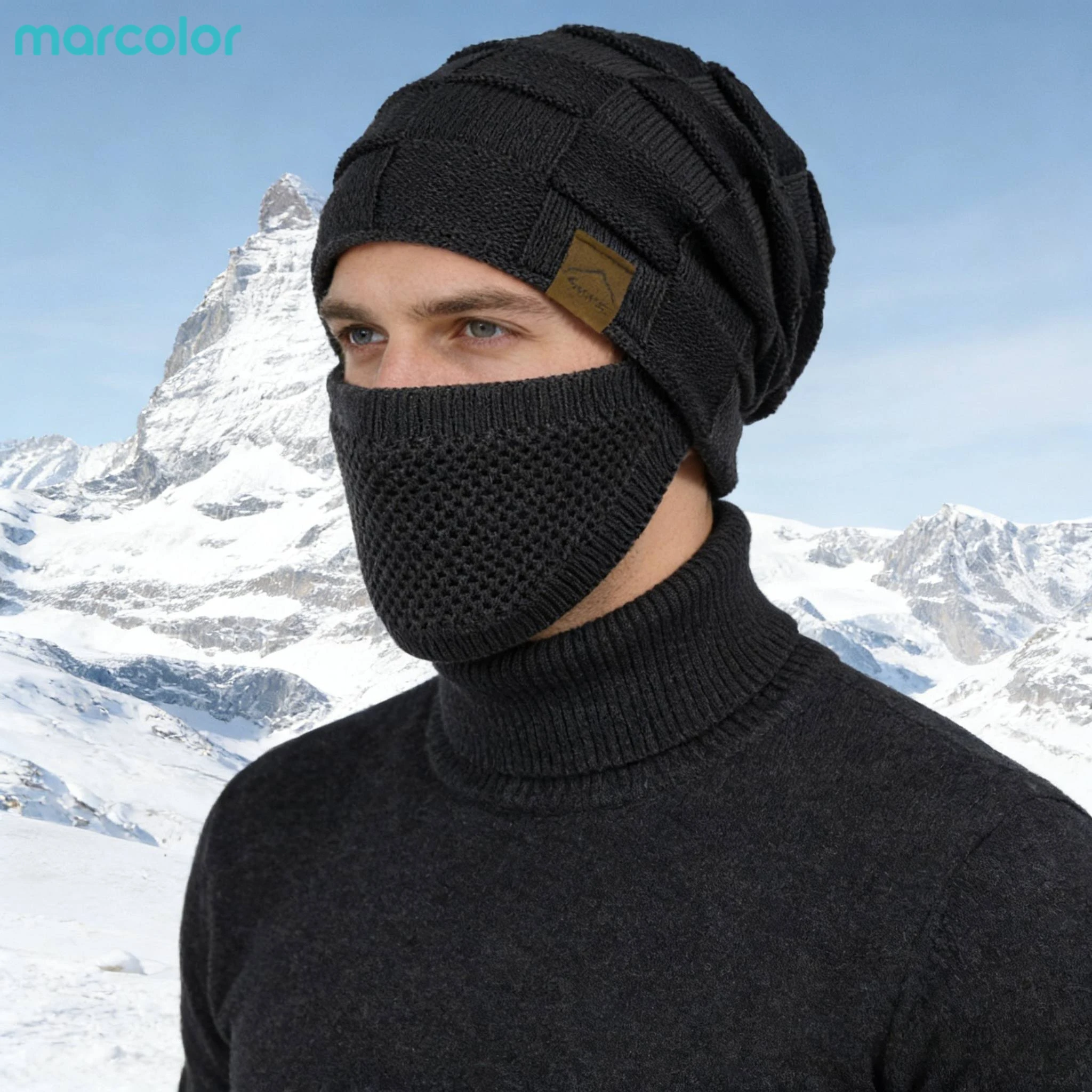 Men's and Women's Winter Fleece Cold Mask Two-piece Hat Set for Warmth, Skiing, Outdoor Sports, Solid Color Pullover Hat
