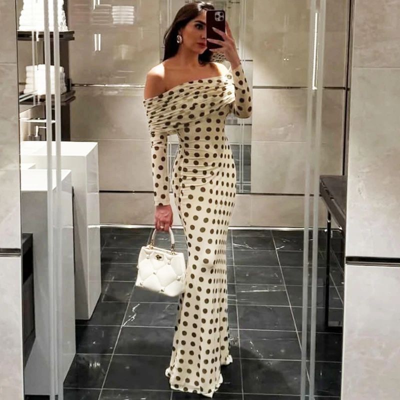 

TARUXY Fashion Dot Off-Shoulder Dress Women's Elegant High Waist Long-Sleeved Pullover Sexy Slim Dress Autumn Robe Female Outfit