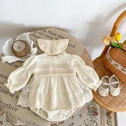 0-2y New Waffle Cotton Infant Baby Girl Bodysuit Dress Puff Sleeve False-2pcs Lace One-Piece Skirt Clothing for Newborns