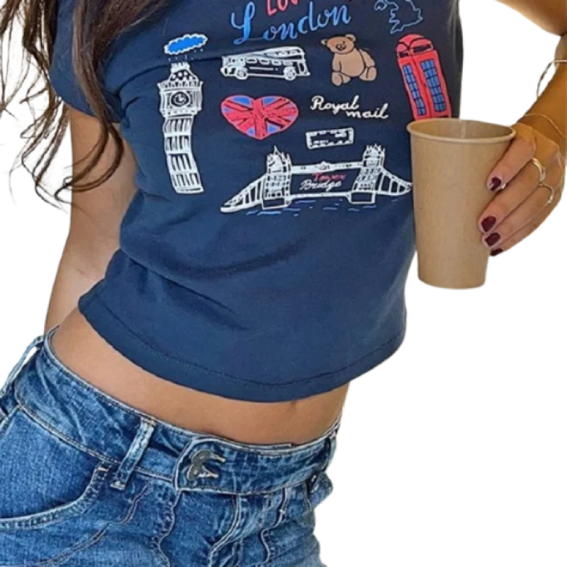 

2025 Summer Fashion European and American Cross border Trend Y2K Round Neck Slimming Women's Wear Sexy Umbilical Short sleeved T