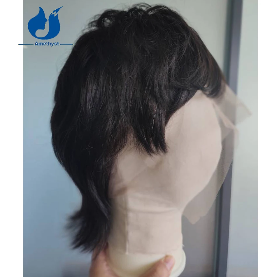 Amethyst Mullet Short Pixie Cut Men's Wig Human Hair with Bang Natural Black 13x6 Lace Front Wig Brazilian Remy Pre Styled - Image 3