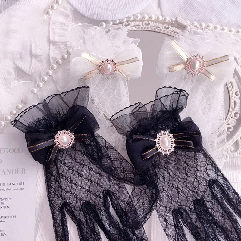 Fille Lolita maille nœud fleur dentelle gants noir blanc dentelle gants lolita dentelle manches Cosplay bijoux