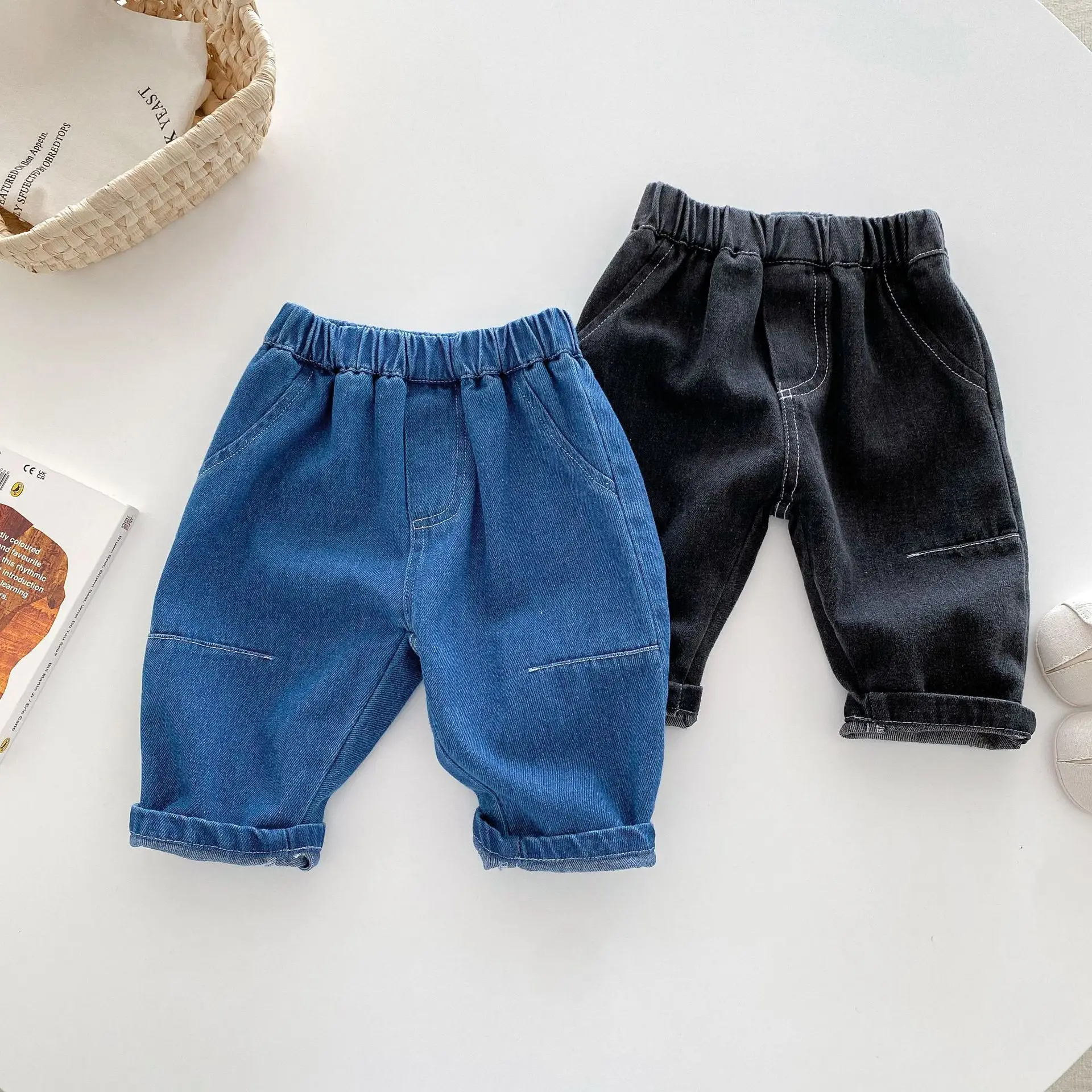 2025 Spring Autumn 0-5Y Boys Jeans Solid Cotton Elastic Waist Kid Boy Denim Pants Casual Loose Slant Pocket Toddler BoysTrousers