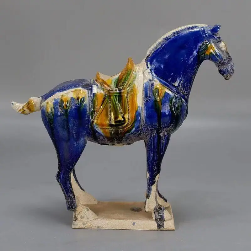 China Tang Dynasty Tri colored Blue Glazed War Horse,Antique handicraft ornament