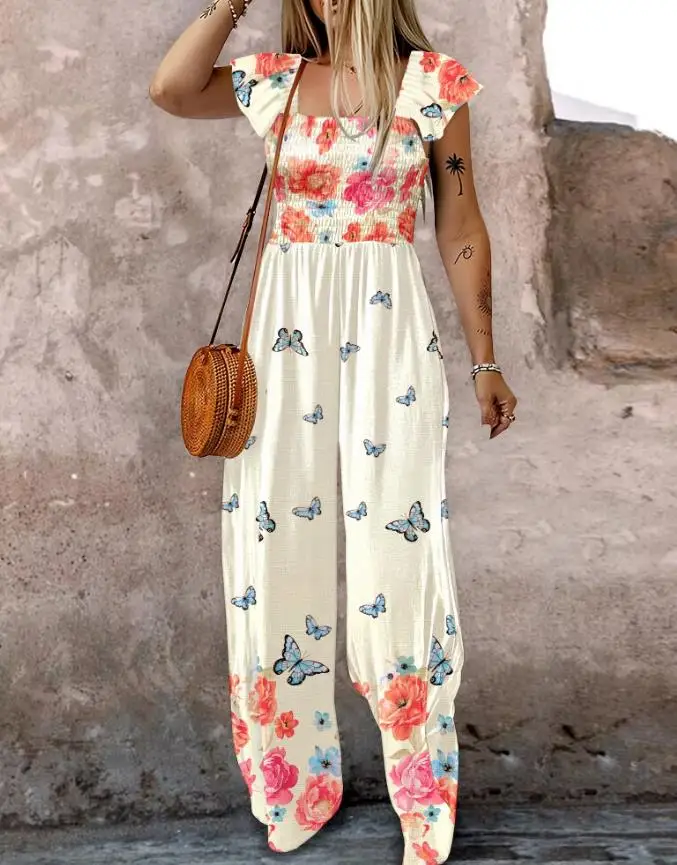 Jumpsuits for Women Wear Summer Clothes Fashion Floral Print Ruffles Strap Shirred Jumpsuit Women's Casual Pockets Design Romper
