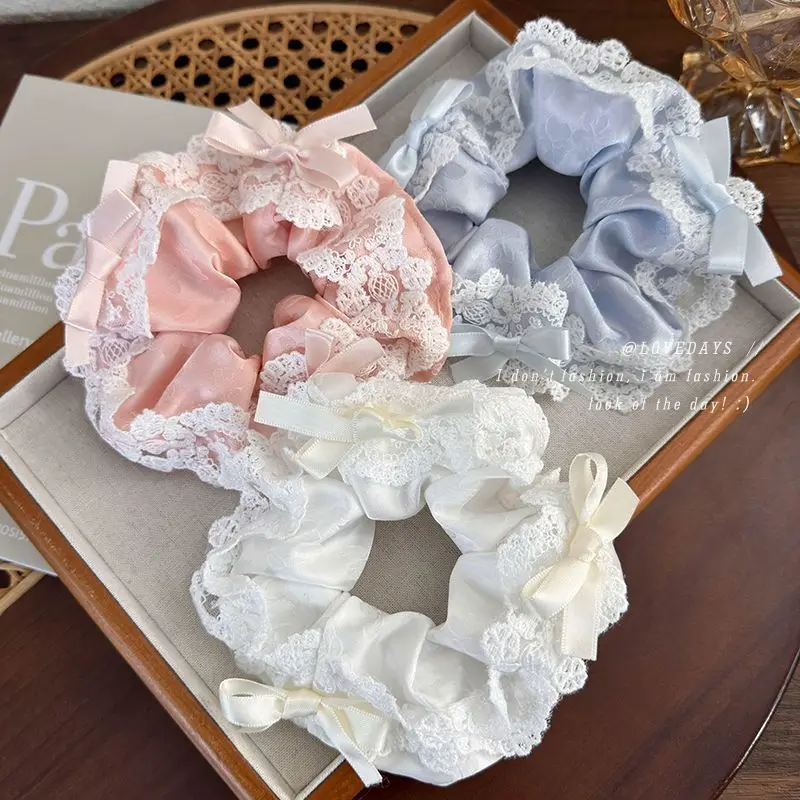 Ballet-style Ribbon Bow Embroidery Lace Scrunchie for Women Girls 2024 Spring Summer Korean Sweet Colored Hair Band Headdress