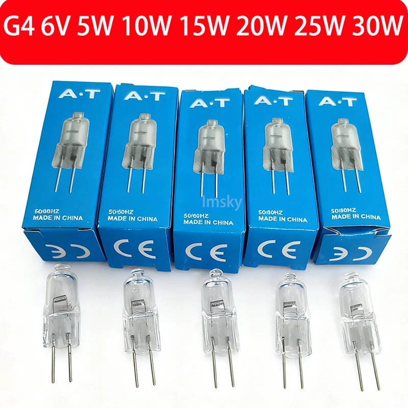 5-Pack G4 Halogen Bulbs – 6V/12V/24V/220V Options, 5W-50W, Clear Glass, 360° Beam, Warm White 3000K – For Home, Office, Kitchen