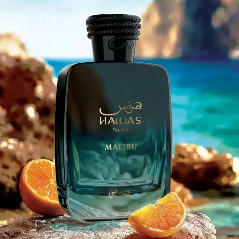 Perfume Rasasi Hawas Malibu EDP para Homens 100ml, Colônia Tropical Cítrica Amadeirada de Longa Duração, Caixa de Presente Luxuosa, Fragrância Masculina