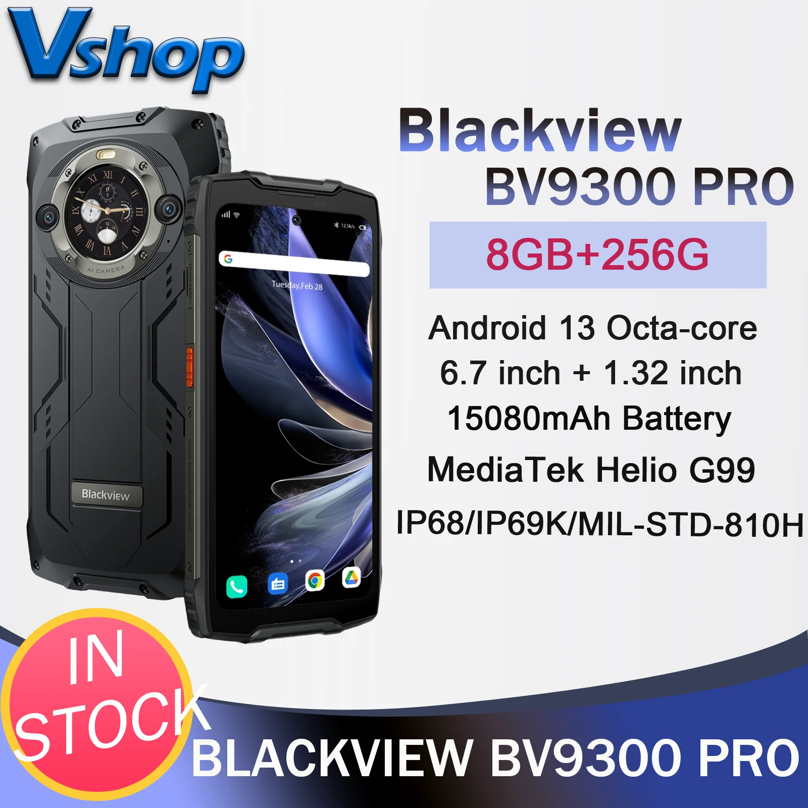 Blackview BV9300 Pro Rugged Phone 8GB/12GB+256GB 64MP 6.7” + 1.32“ Dual Display 15080mAh Android 13 MediaTek Helio G99 4G NFC