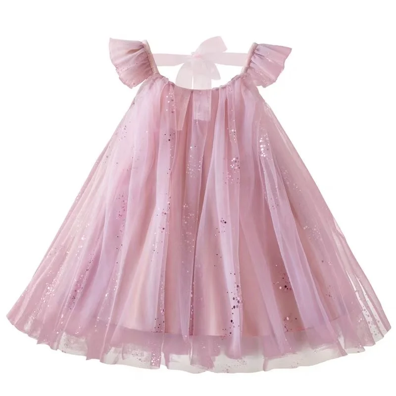 

Girls' Summer Dress 2025 New Style Children's Internet Celebrity Bow Tie Small Flying Sleeve Mesh Princess Dress 100-140CM