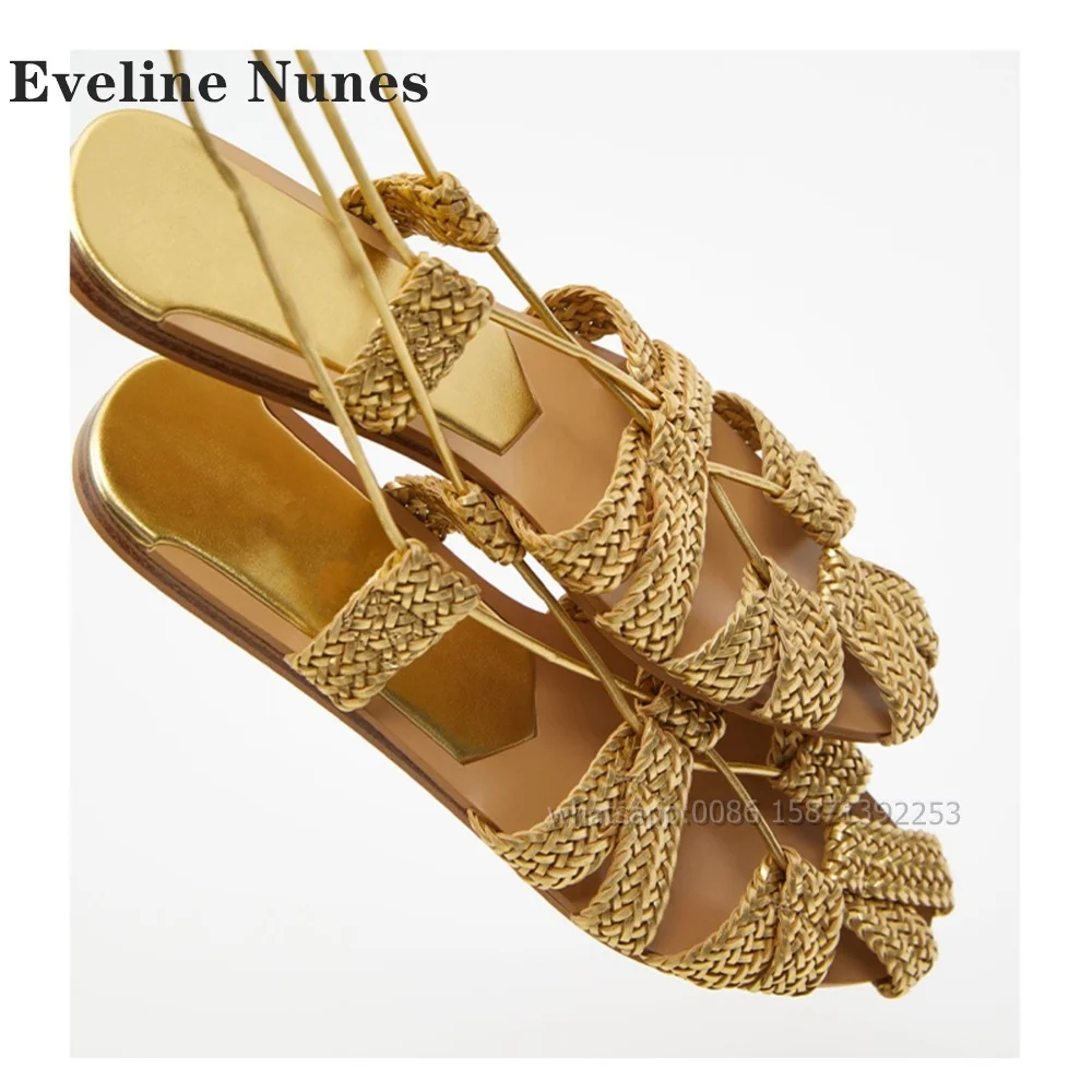 Woven Golden Shallow Flat Sandals Round Toe Hollow Out Ankle Strap Side Air Splicing Rome Shoes Vacation Casual Summer 2024 Shoe