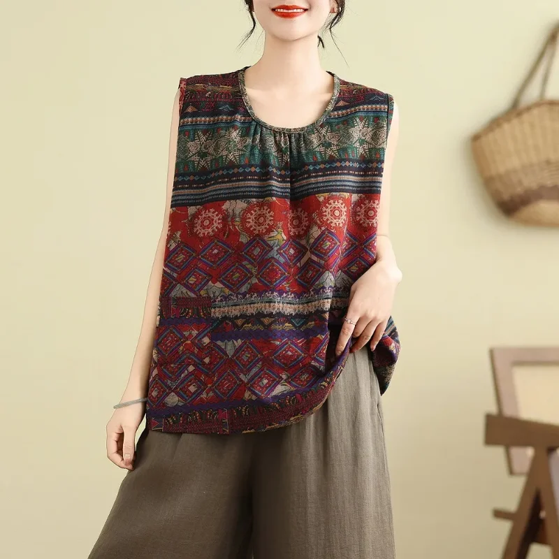 Mouwloze tanktop voor dames, etnisch patroon, losse, casual blouse met ronde hals