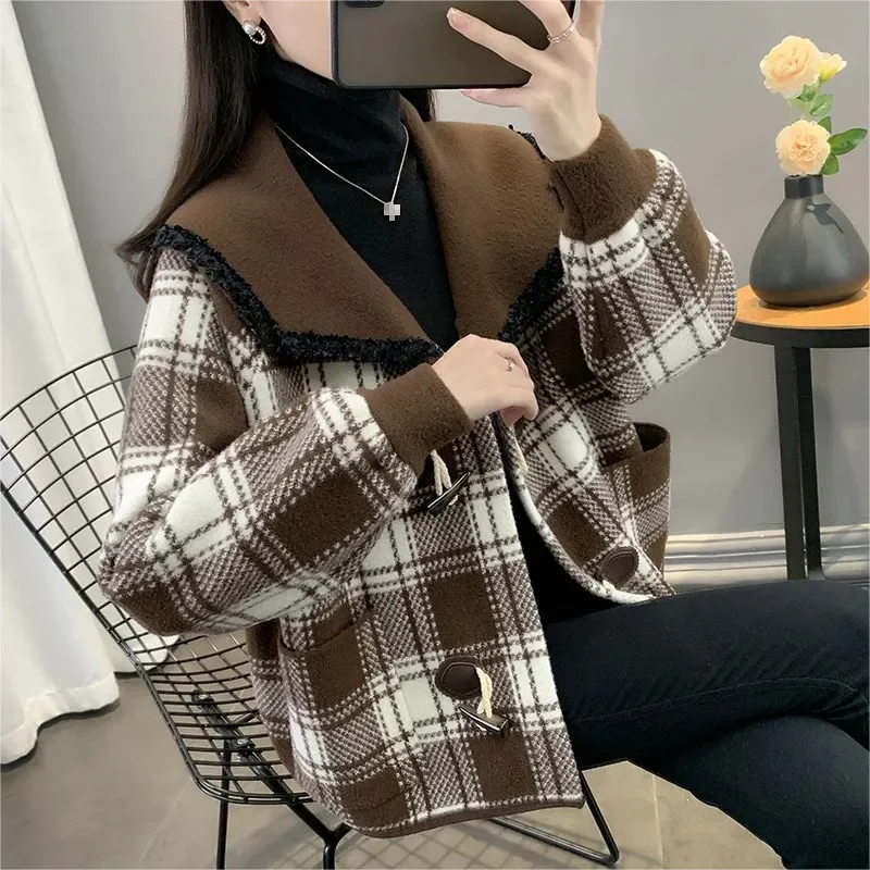 

Korean Vintage Cow Horn Buckle Plaid Coat Women 2024 Autumn and Winter New Loose Slim Woolen Coat Female