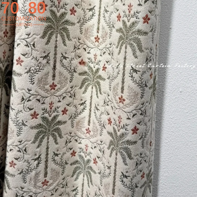 American Retro Palm Leaf Printed Striped Patchwork Curtains for Living Room Bedroom Partitions Screen Maintenance Customized