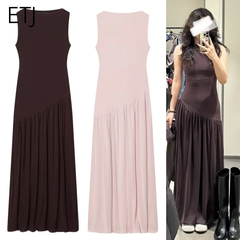 ETJ Women Brown Sleeveless High Neck Midi Dress Pleated Skirt Flowy Wrap Dress Minimalist Elegant Office Party Wear 2026